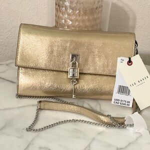 Ted Baker NWT mixed media, metallic gold,quality genuine leather crossbody party